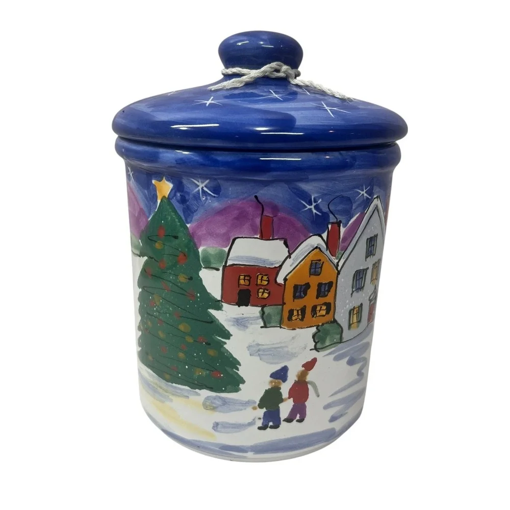 Starbucks Hand Painted Canister Ceramic Jar Hungary Winter Village Signed Coffee
